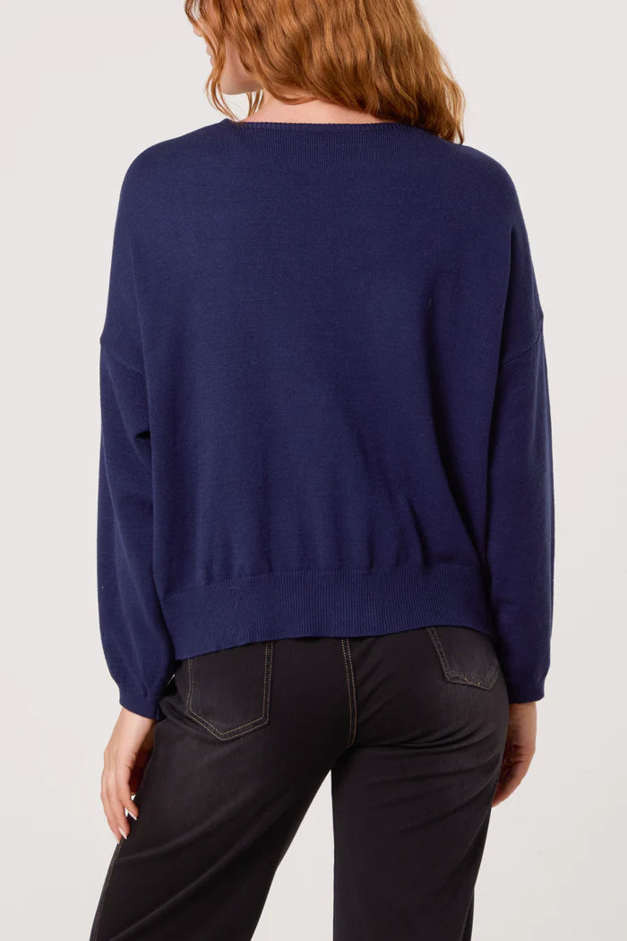 Navy Gold Brooch Puffball Sleeve Light Knit Cardigan