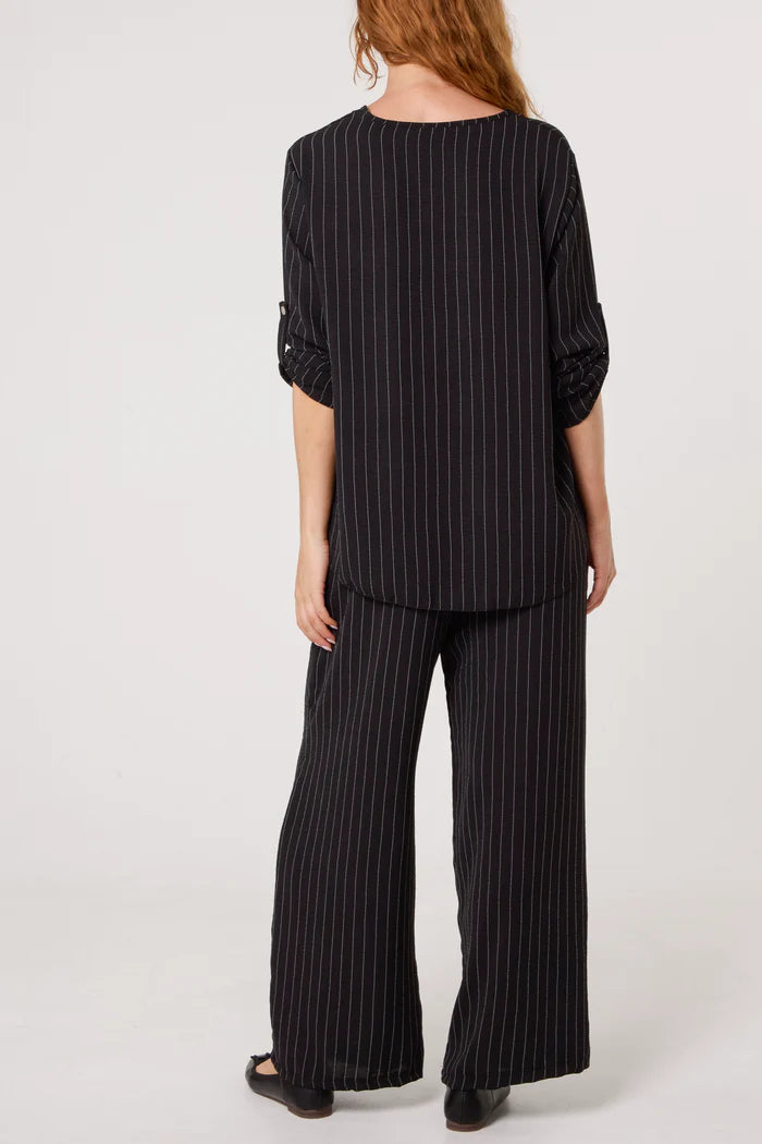 Black Pinstripe Round Neck Top And Trouser Set