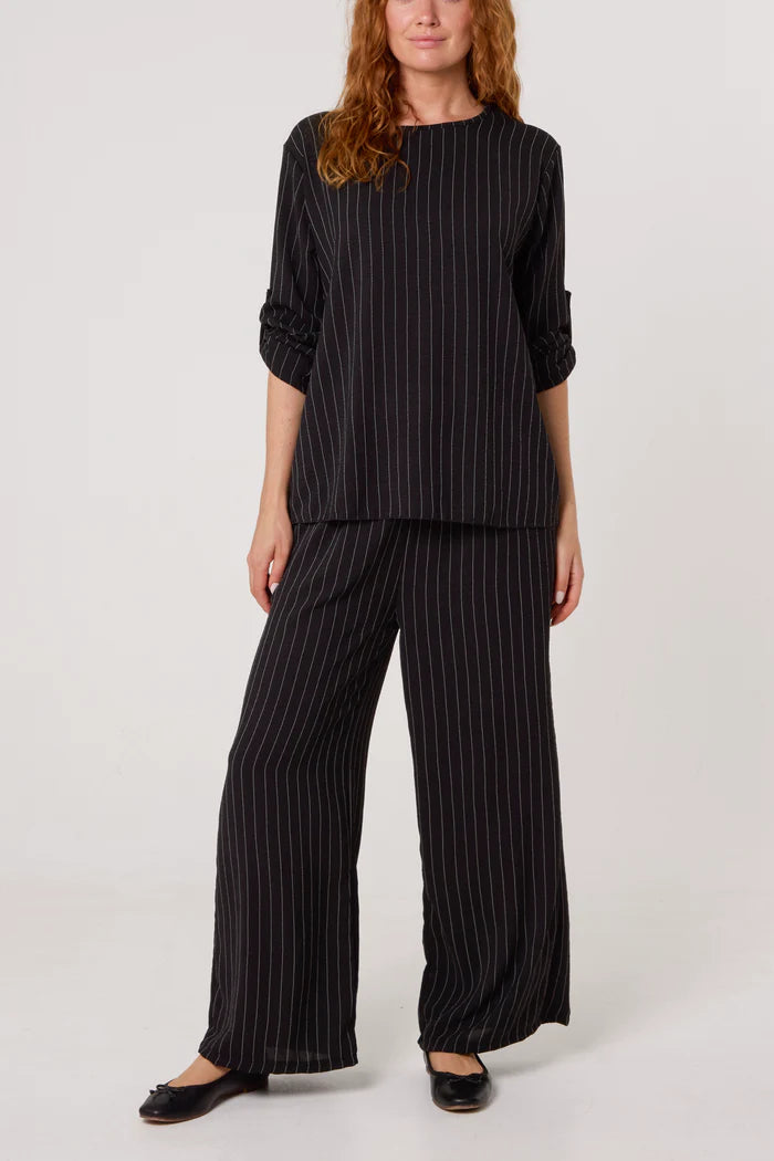 Black Pinstripe Round Neck Top And Trouser Set