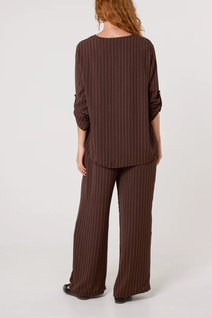 Brown Pinstripe Round Neck Top and Trouser Set