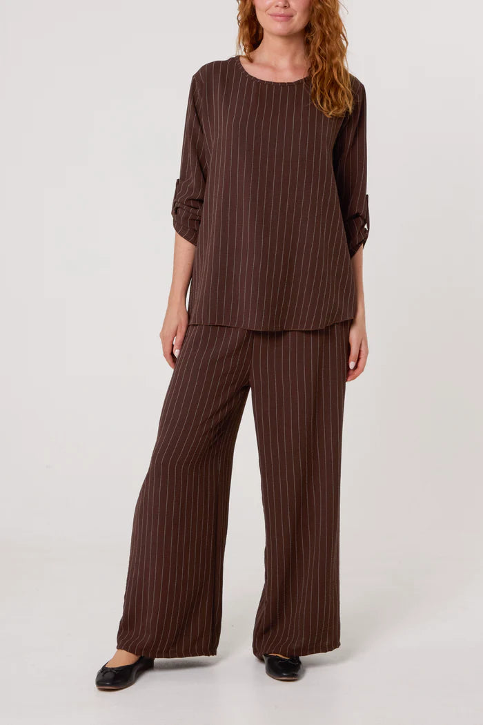 Brown Pinstripe Round Neck Top and Trouser Set