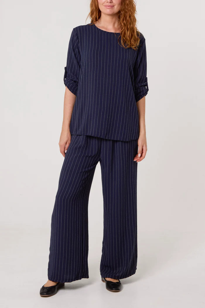 Navy Pinstripe Round Neck Top and Trouser Set
