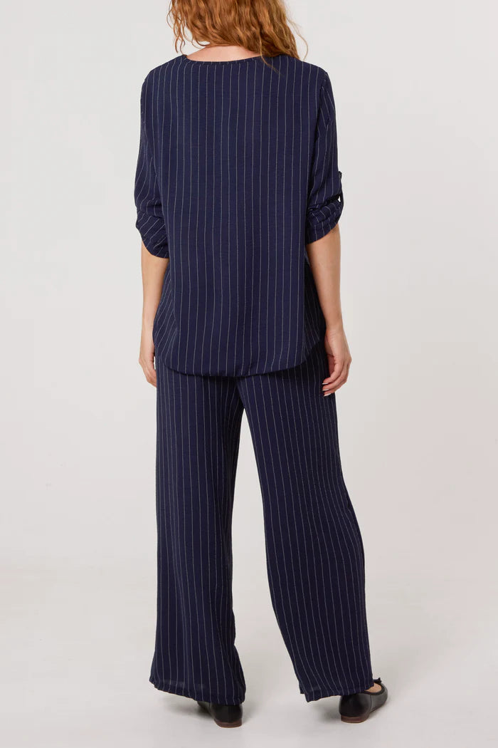 Navy Pinstripe Round Neck Top and Trouser Set