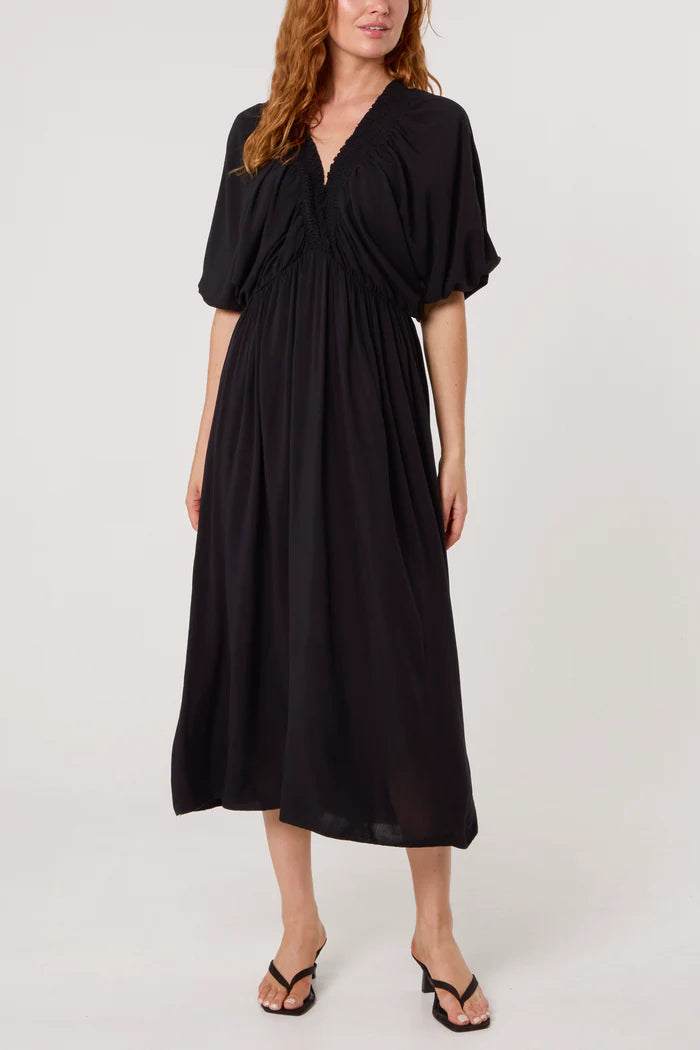 Black Elasticated Neck Midi Dress