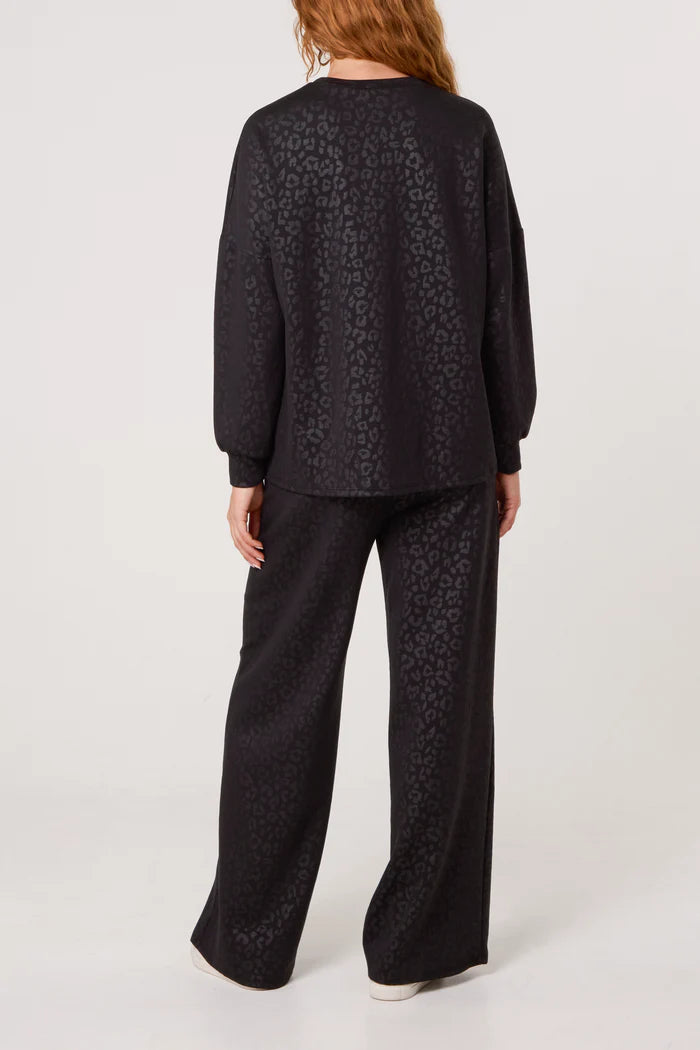 Black Cheetah Patterned Sweatshirt And Trousers Set