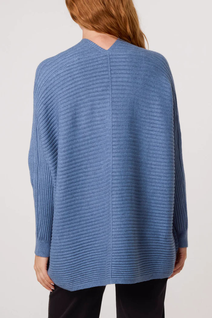 Denim Blue Star Brooch Button Ribbed Cardigan