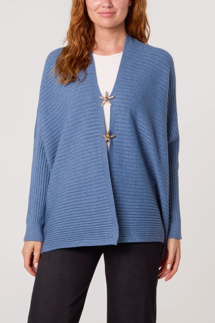 Denim Blue Star Brooch Button Ribbed Cardigan