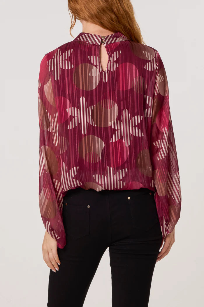 Burgundy Retro Flower Stripe Blouse