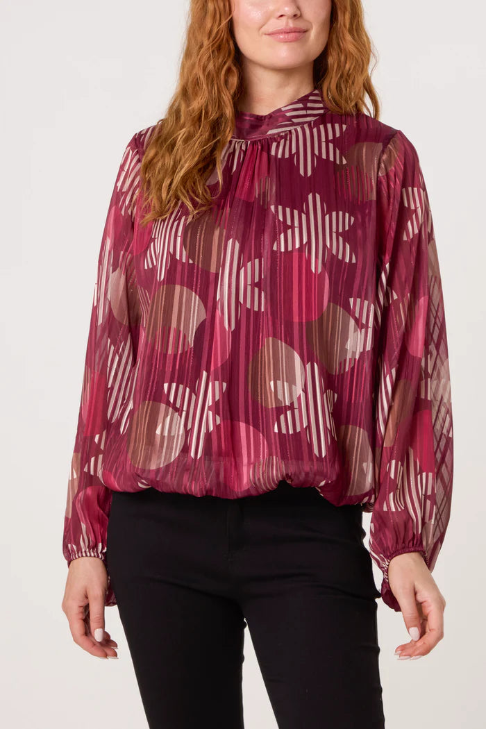 Burgundy Retro Flower Stripe Blouse