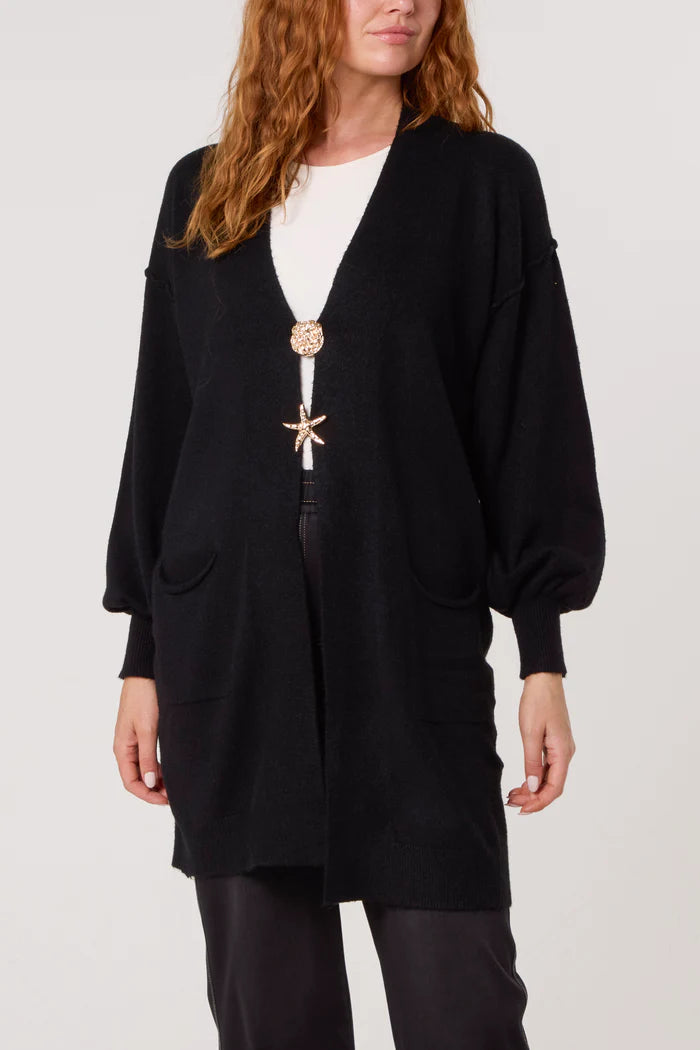 Black Longline Brooch Button Cardigan