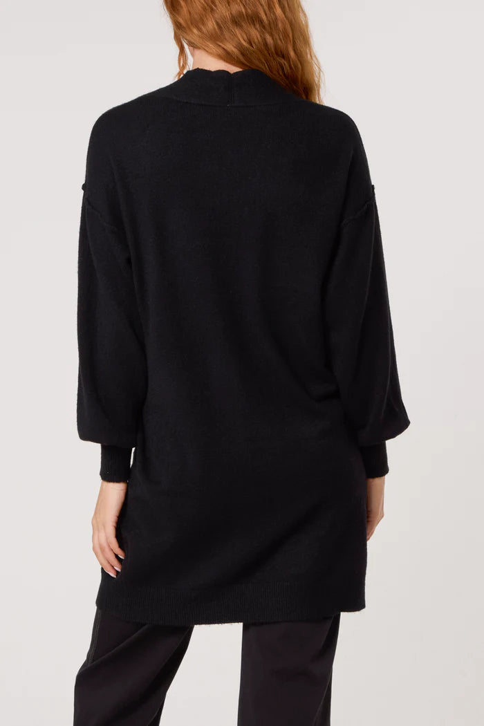 Black Longline Brooch Button Cardigan