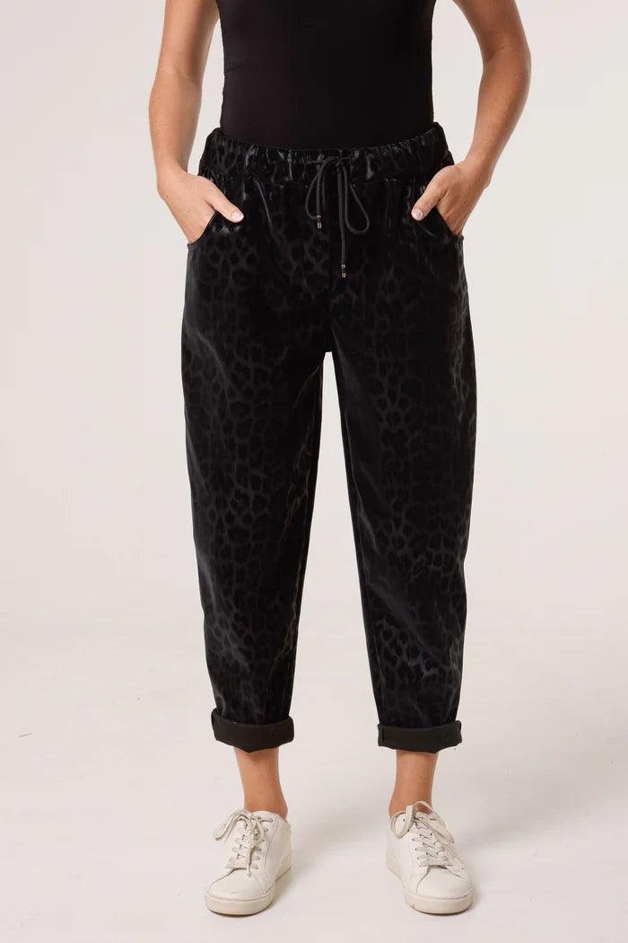 Leopard Coated Black PU Stretch Trousers