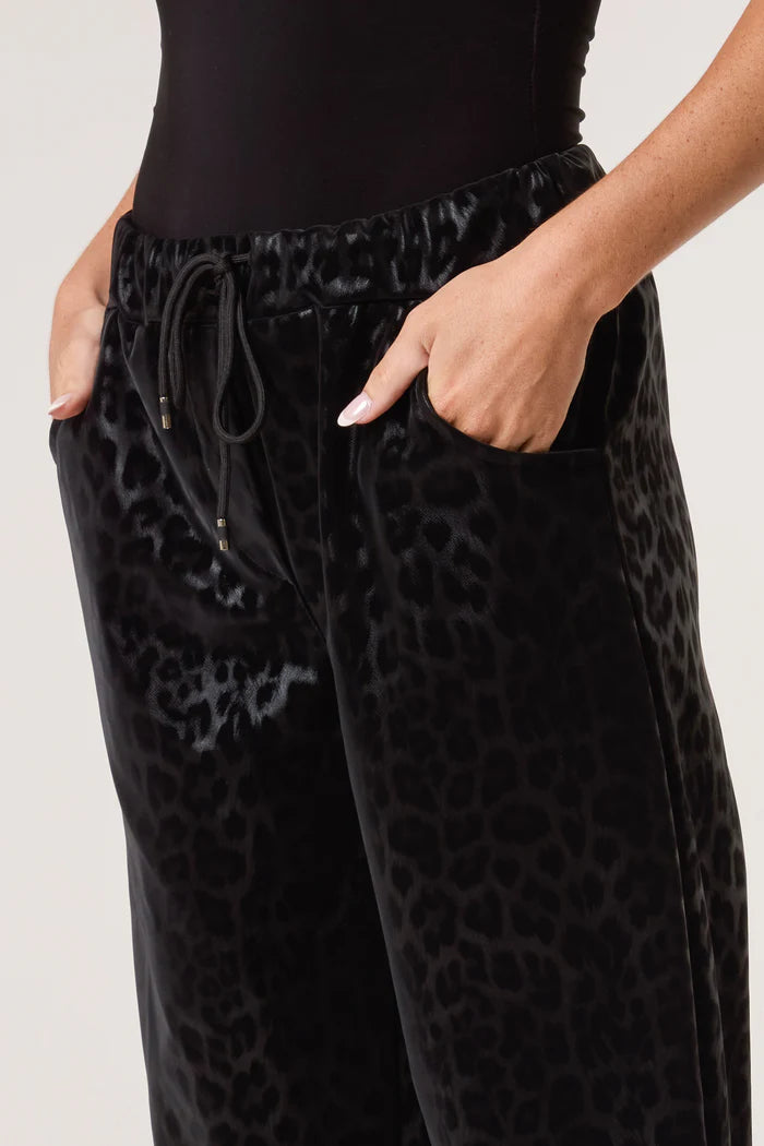 Leopard Coated Black PU Stretch Trousers