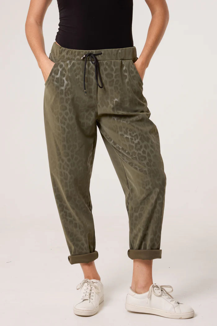 Khaki Leopard Coated PU Stretch Trousers