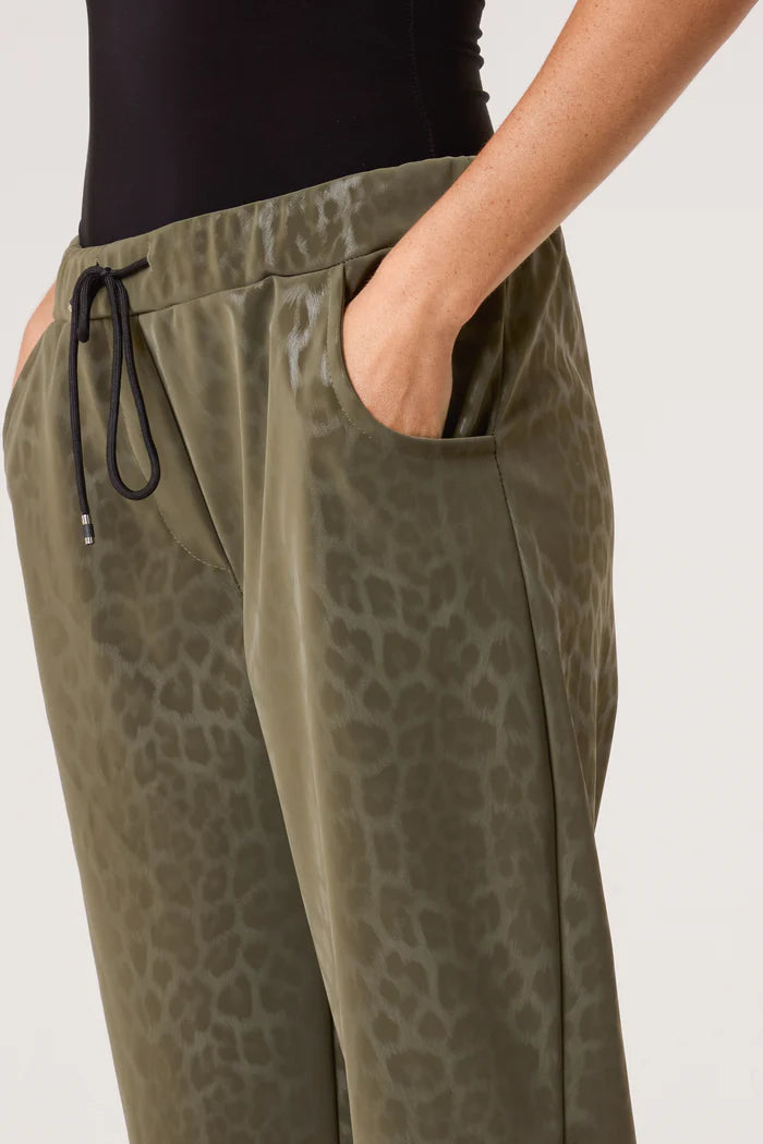 Khaki Leopard Coated PU Stretch Trousers