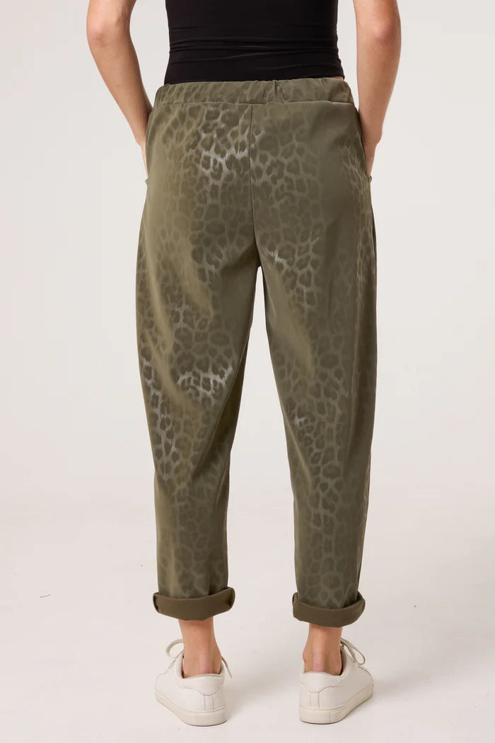 Khaki Leopard Coated PU Stretch Trousers