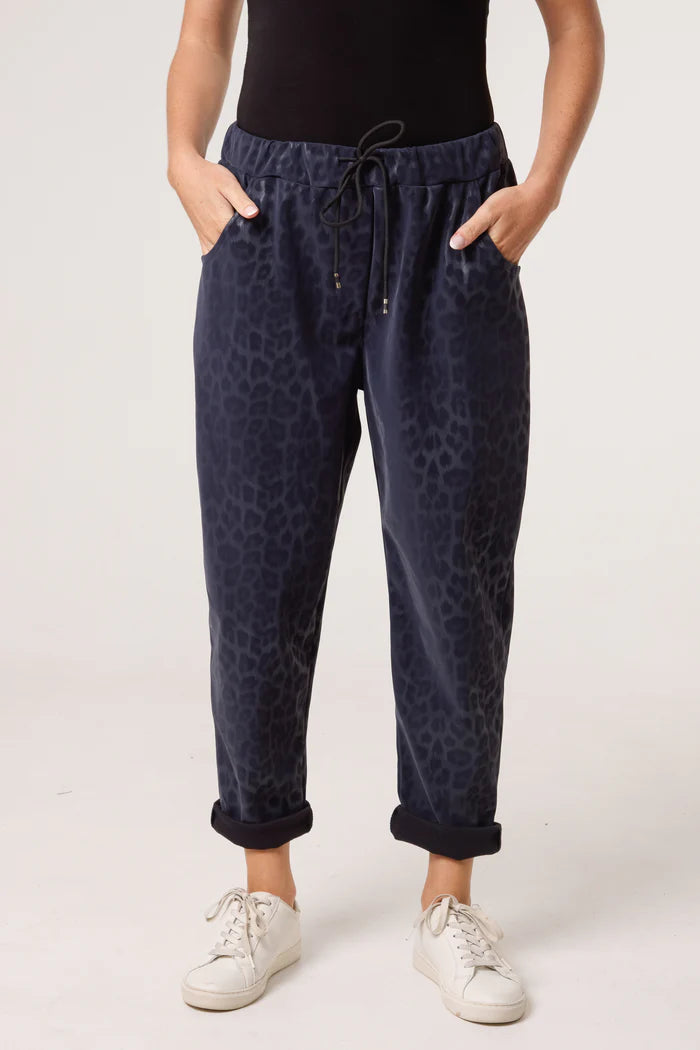 Leopard Coated Navy PU Stretch Trousers