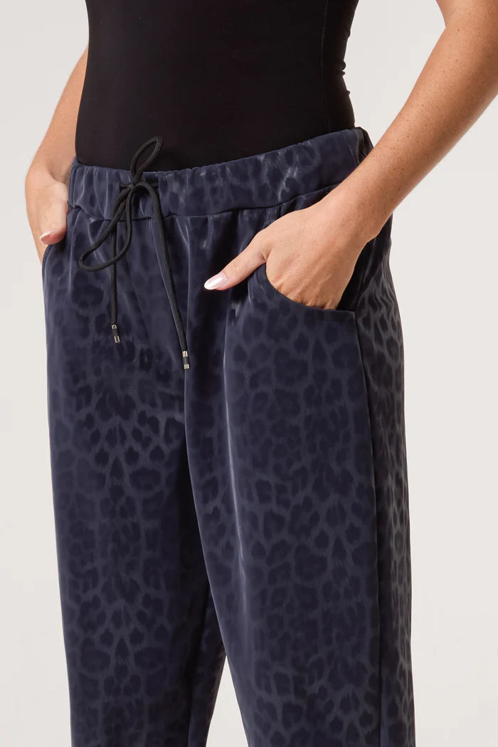 Leopard Coated Navy PU Stretch Trousers