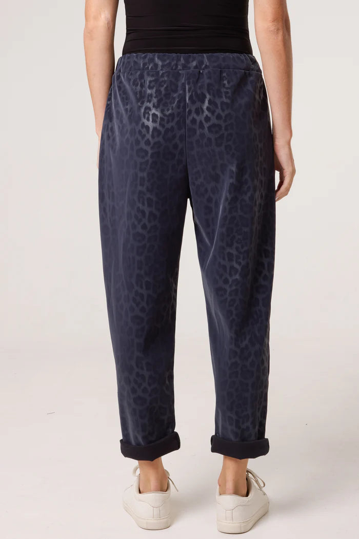 Leopard Coated Navy PU Stretch Trousers