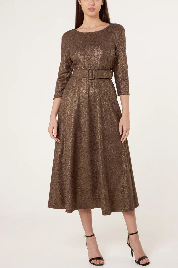 Gold Shimmer Belted Midi Dress