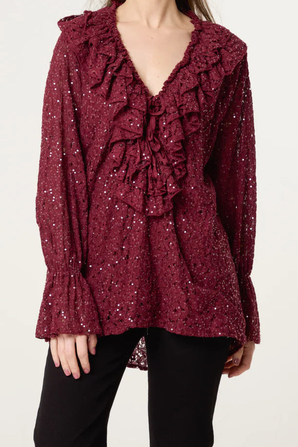 Wine Ruffle Neck Sequin Lace Top
