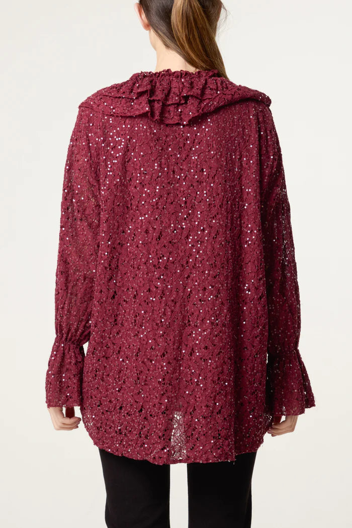 Wine Ruffle Neck Sequin Lace Top