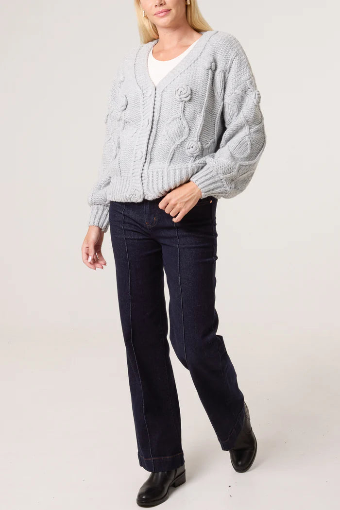 Grey Cable Knit Flower Cardigan