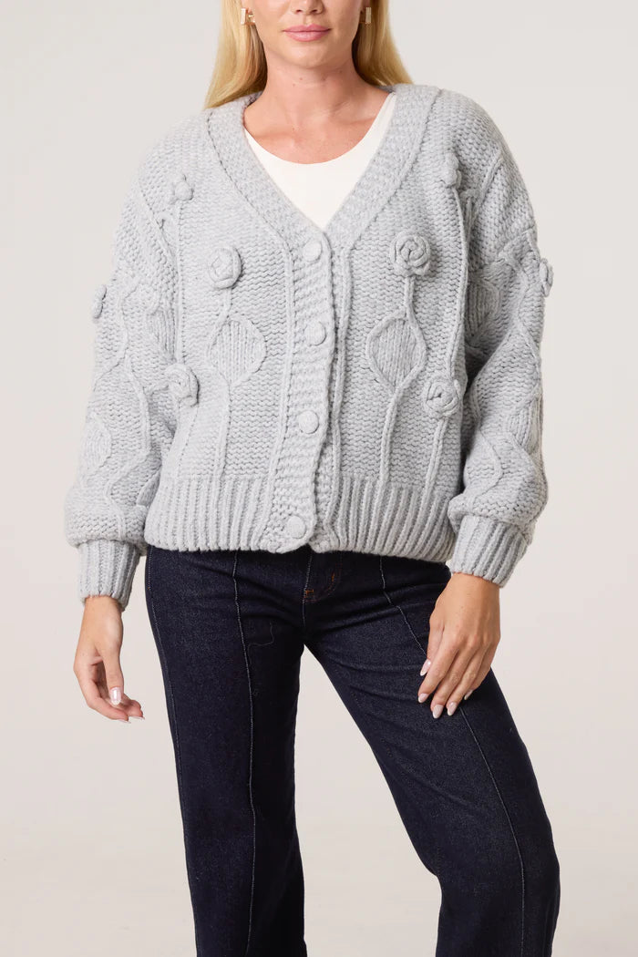 Grey Cable Knit Flower Cardigan