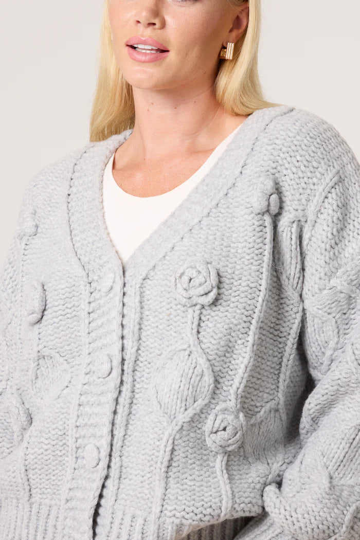 Grey Cable Knit Flower Cardigan