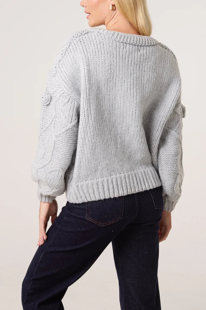 Grey Cable Knit Flower Cardigan