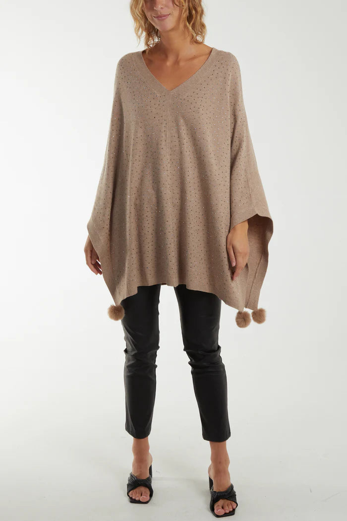 Taupe Pom Pom Knitted Diamante Poncho