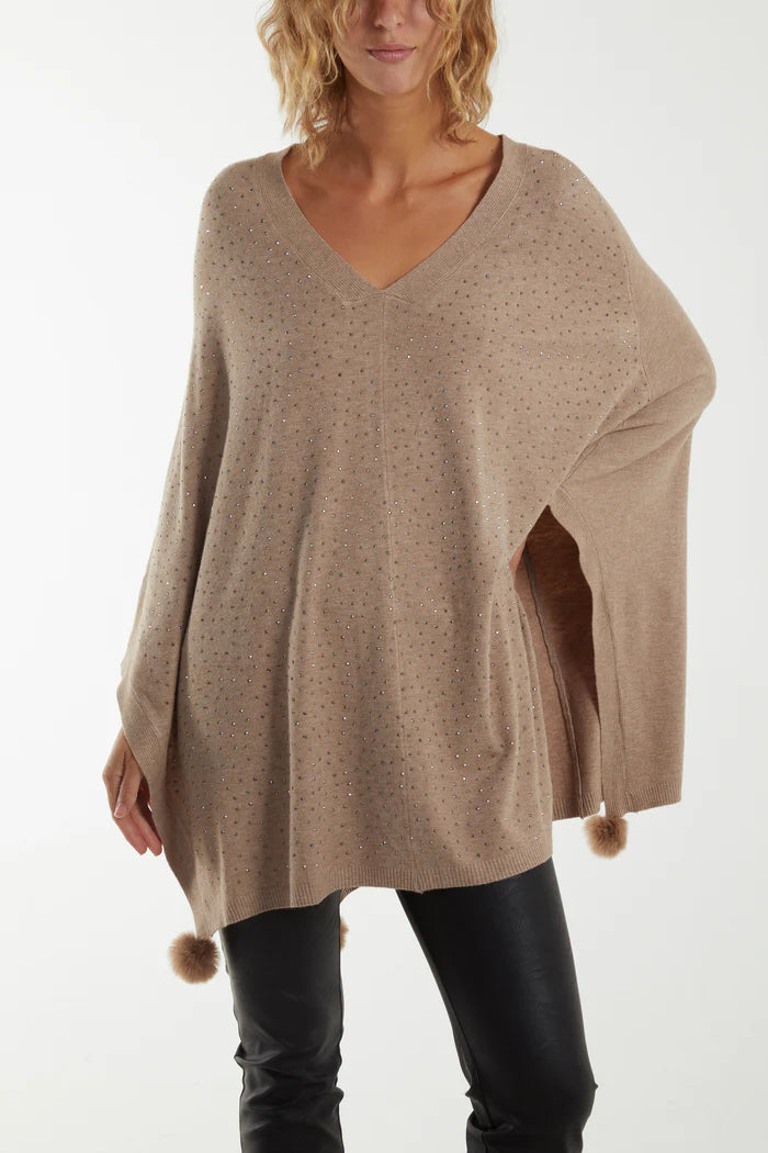 Taupe Pom Pom Knitted Diamante Poncho