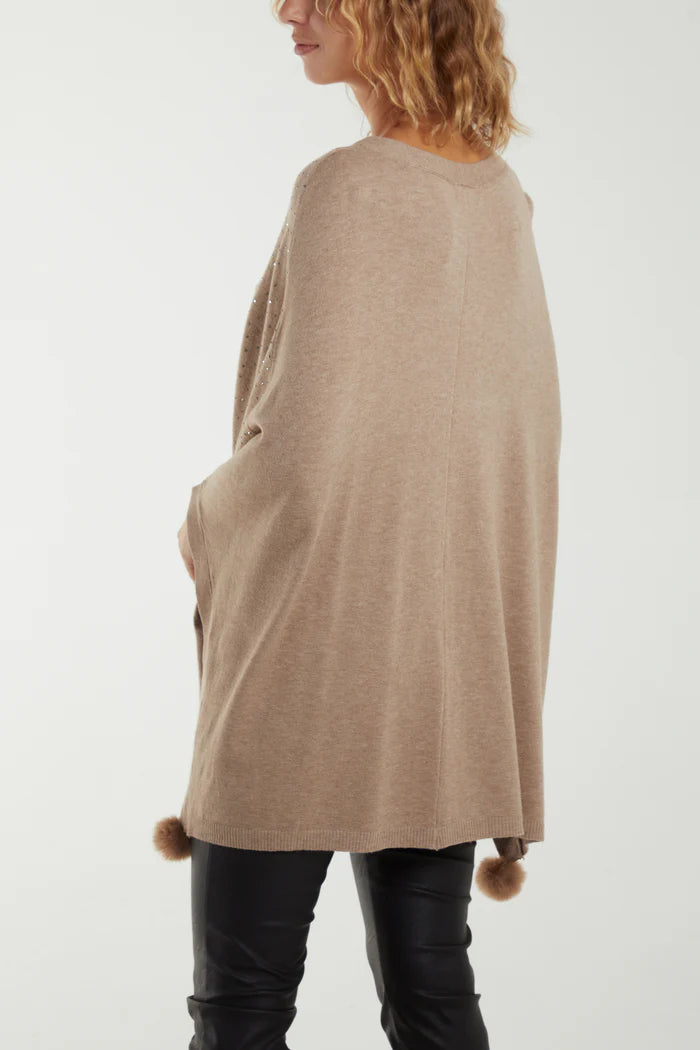 Taupe Pom Pom Knitted Diamante Poncho