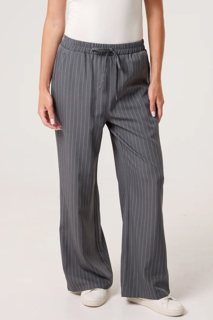 Grey Pinstripe Wide Leg Elastic Waist Trousers
