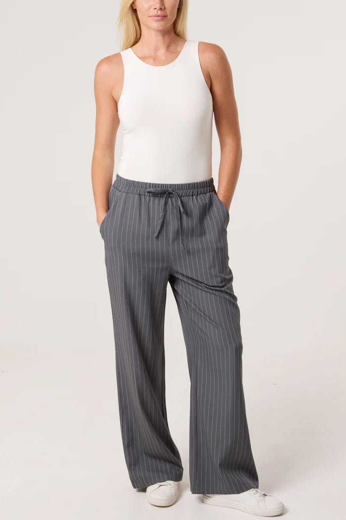 Grey Pinstripe Wide Leg Elastic Waist Trousers