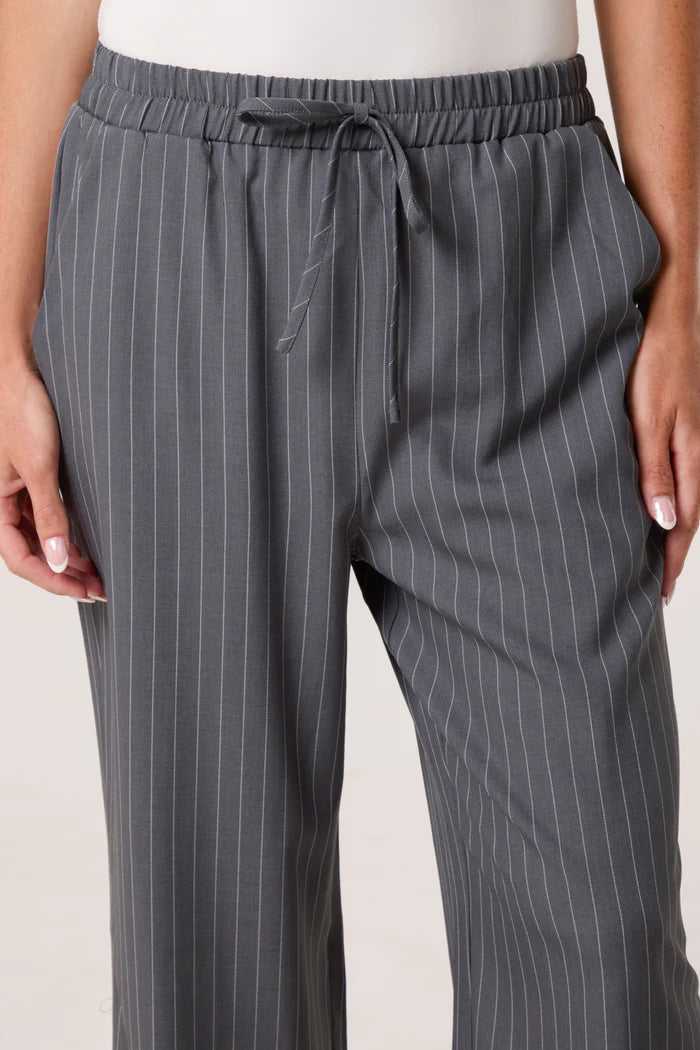 Grey Pinstripe Wide Leg Elastic Waist Trousers