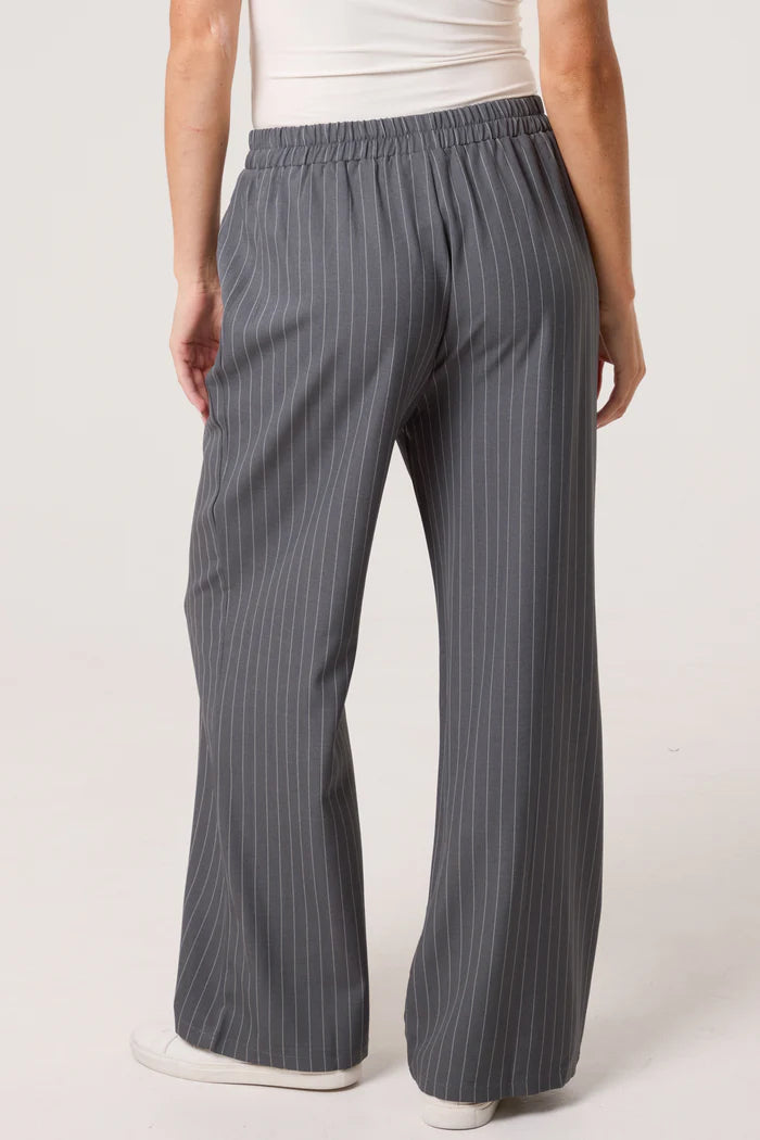 Grey Pinstripe Wide Leg Elastic Waist Trousers