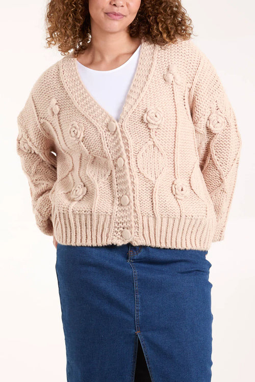 Beige Cable Knit Flower Cardigan