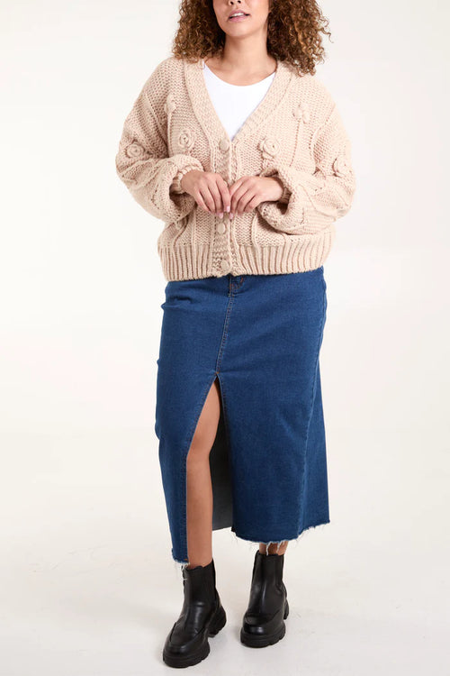 Beige Cable Knit Flower Cardigan