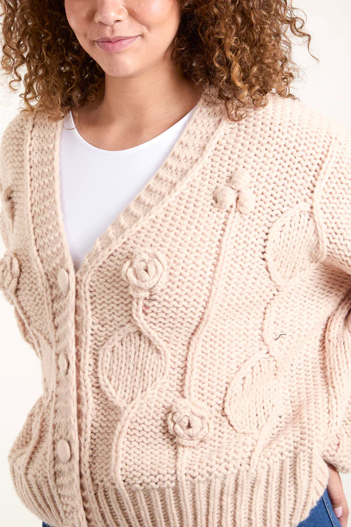 Beige Cable Knit Flower Cardigan