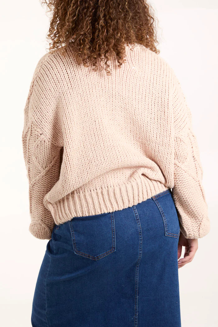 Beige Cable Knit Flower Cardigan