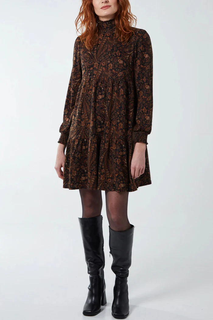 Brown Paisley Print Mini Smock Dress