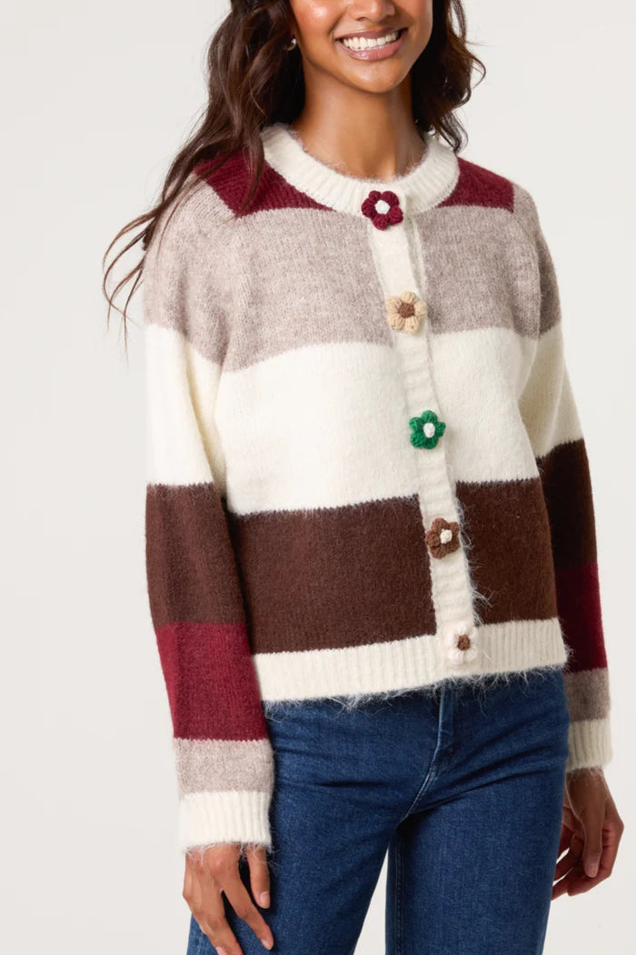 Striped Flower Button Cardigan