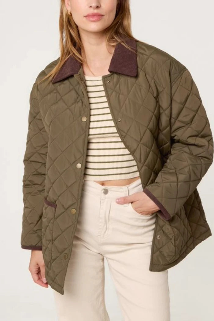 Khaki Green Diamond Quilted Brown Collar Coat
