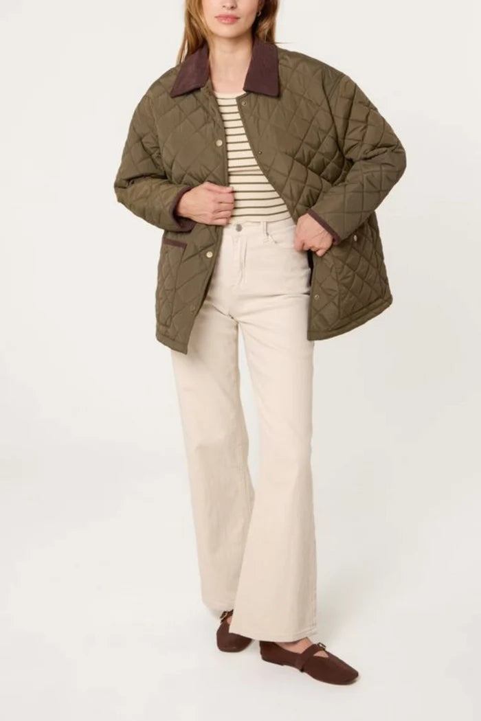 Khaki Green Diamond Quilted Brown Collar Coat