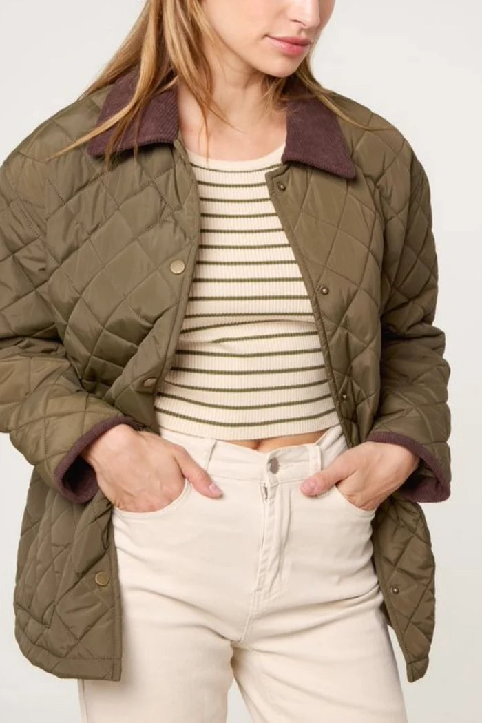 Khaki Green Diamond Quilted Brown Collar Coat
