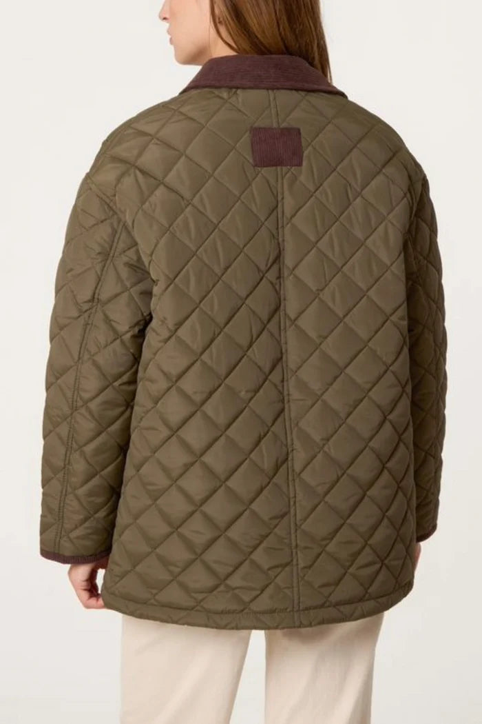 Khaki Green Diamond Quilted Brown Collar Coat