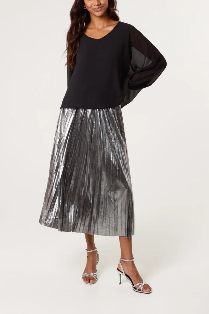 Silver Metallic Pleated Midi Skirt