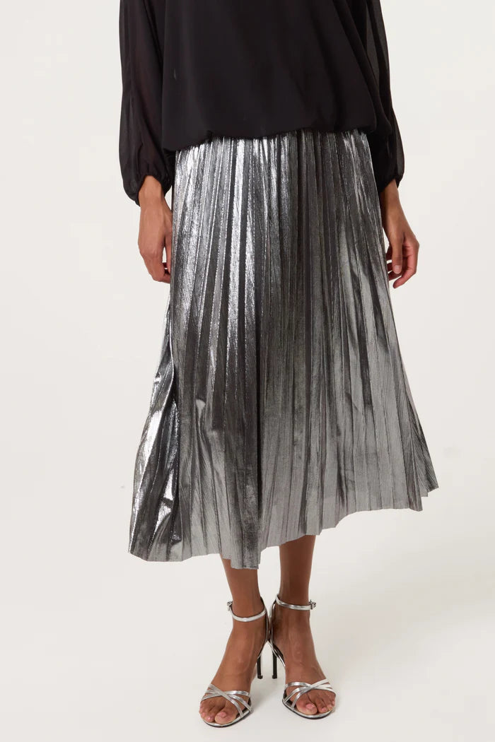 Silver Metallic Pleated Midi Skirt
