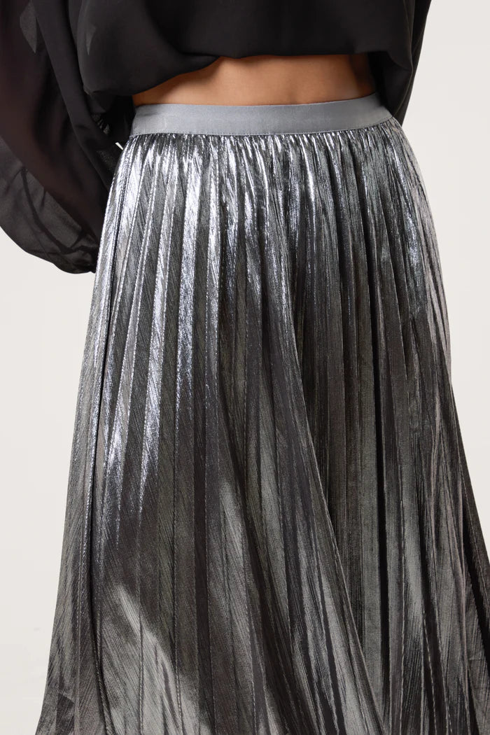 Silver Metallic Pleated Midi Skirt